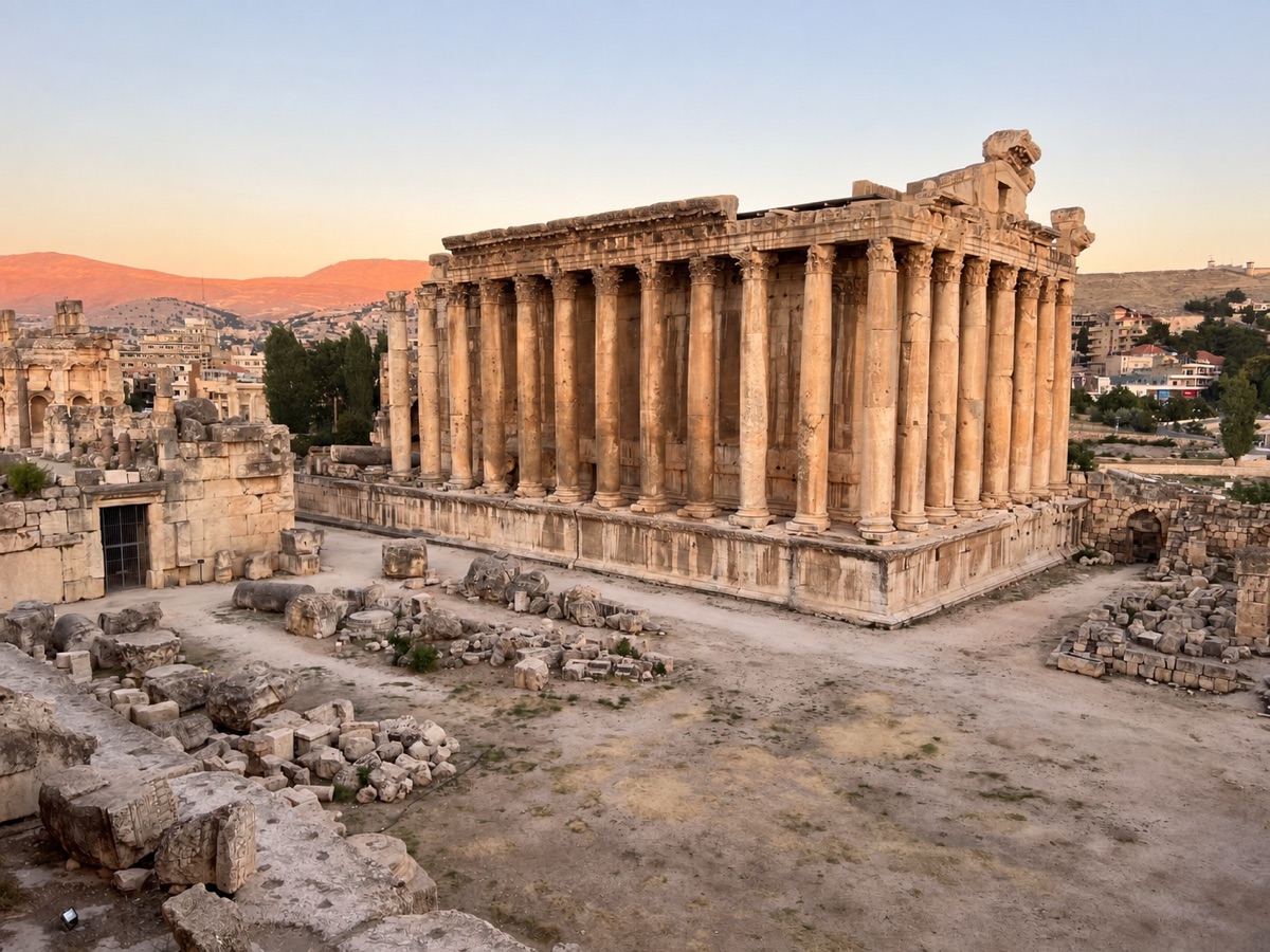 Temple of Bacchus and its courtyard at Baalbek in warm evening light