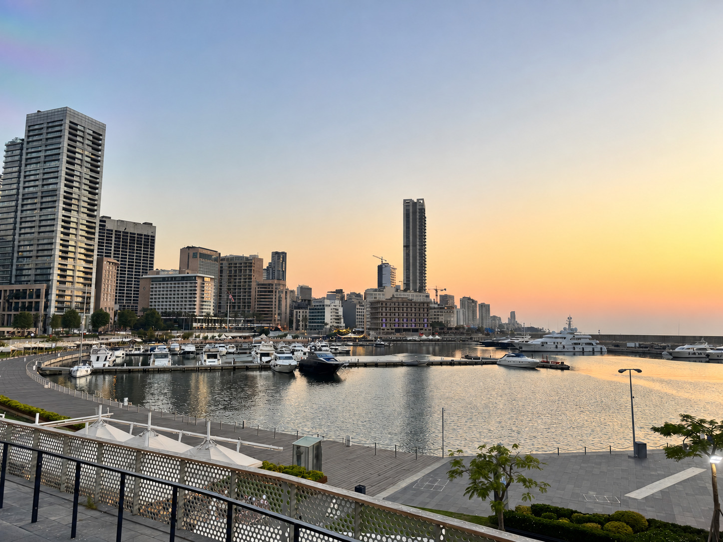 Zaitunay Bay marina and the Beirut skyline at sunset