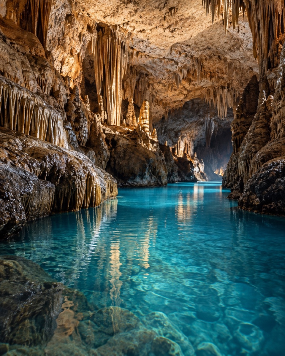 Representative rendering of turquoise water and limestone formations inside Jeita Grotto