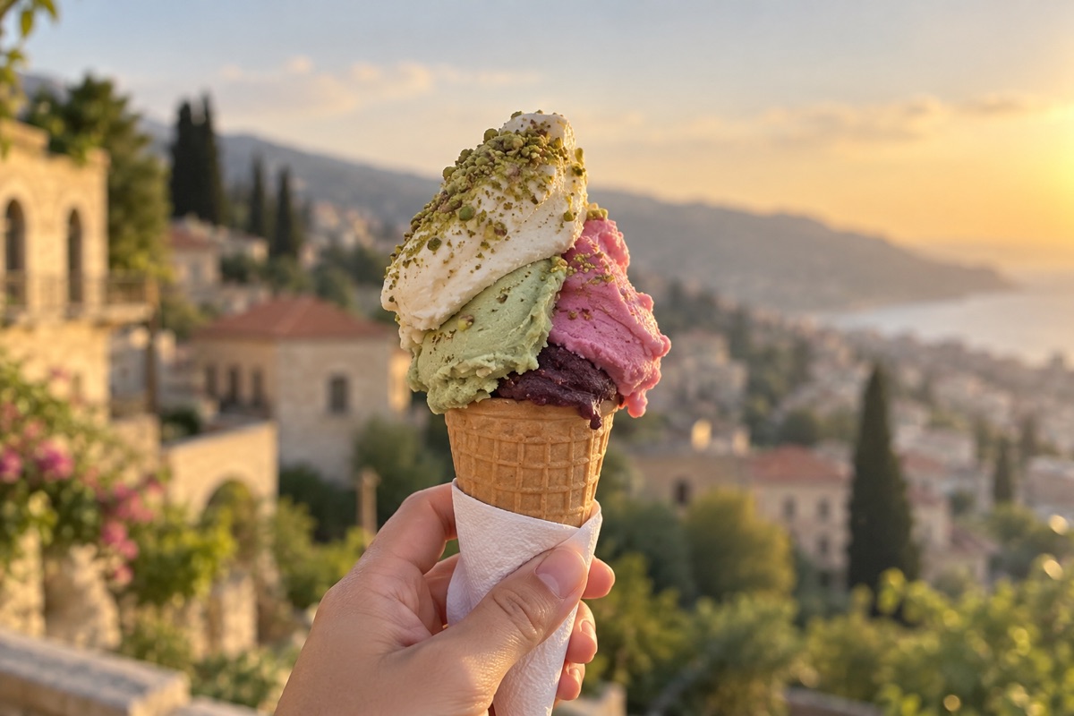 A cone of colorful Lebanese booza against a warm sunset