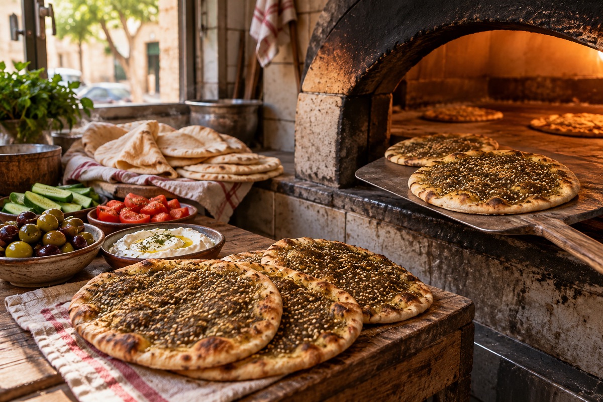 Lebanese breakfast with zaatar manakish, labneh, vegetables and olives
