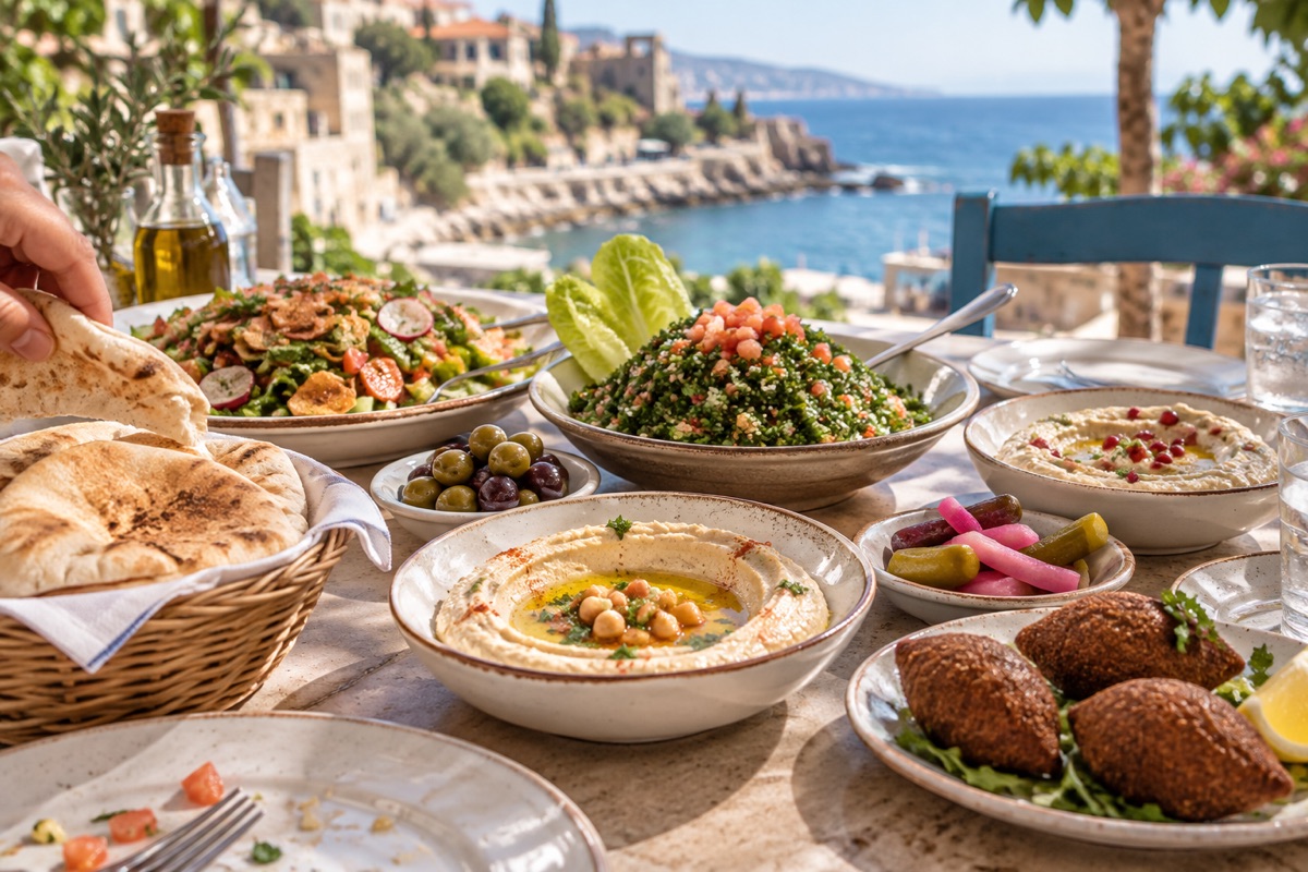 A shared Lebanese mezze lunch with tabbouleh, hummus and small plates