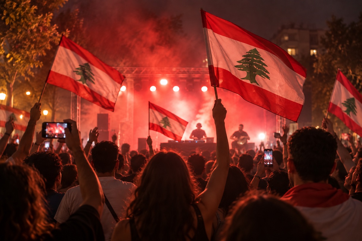 Lebanese celebration with flags, a DJ and an Arabic drummer