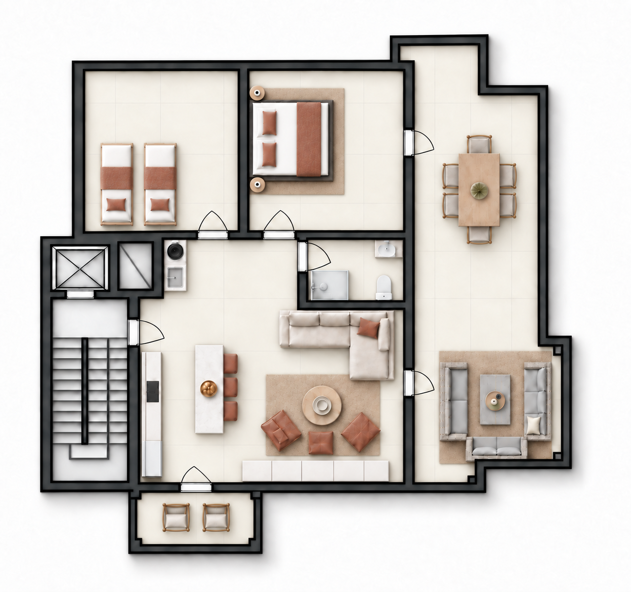 Illustrated floor plan of Sunrise Apartment showing the king bedroom, twin bedroom, shared bathroom, open-plan living and kitchenette area, private rooftop terrace, and sea-view balcony