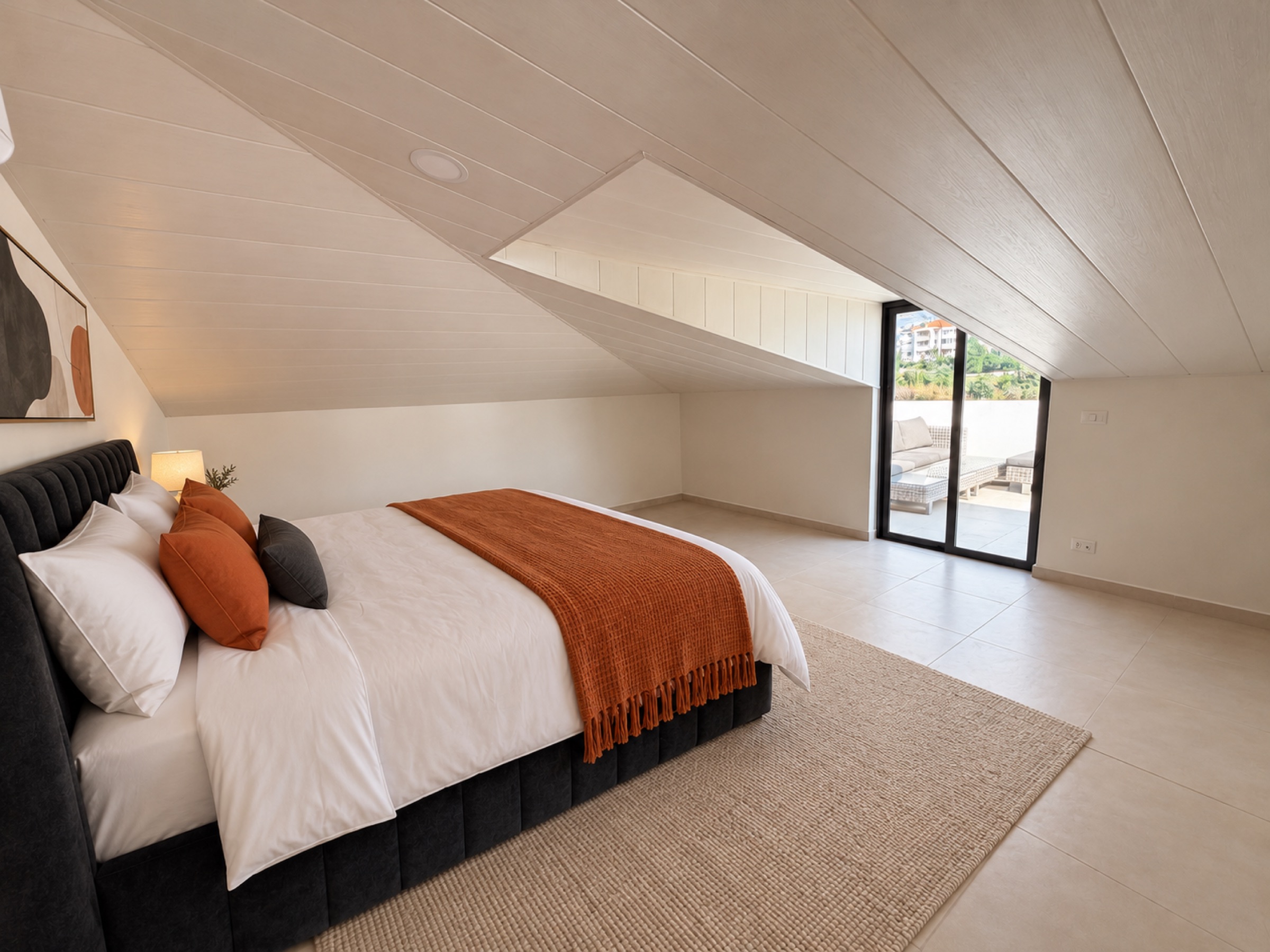 Design representation of the king bedroom with direct rooftop access