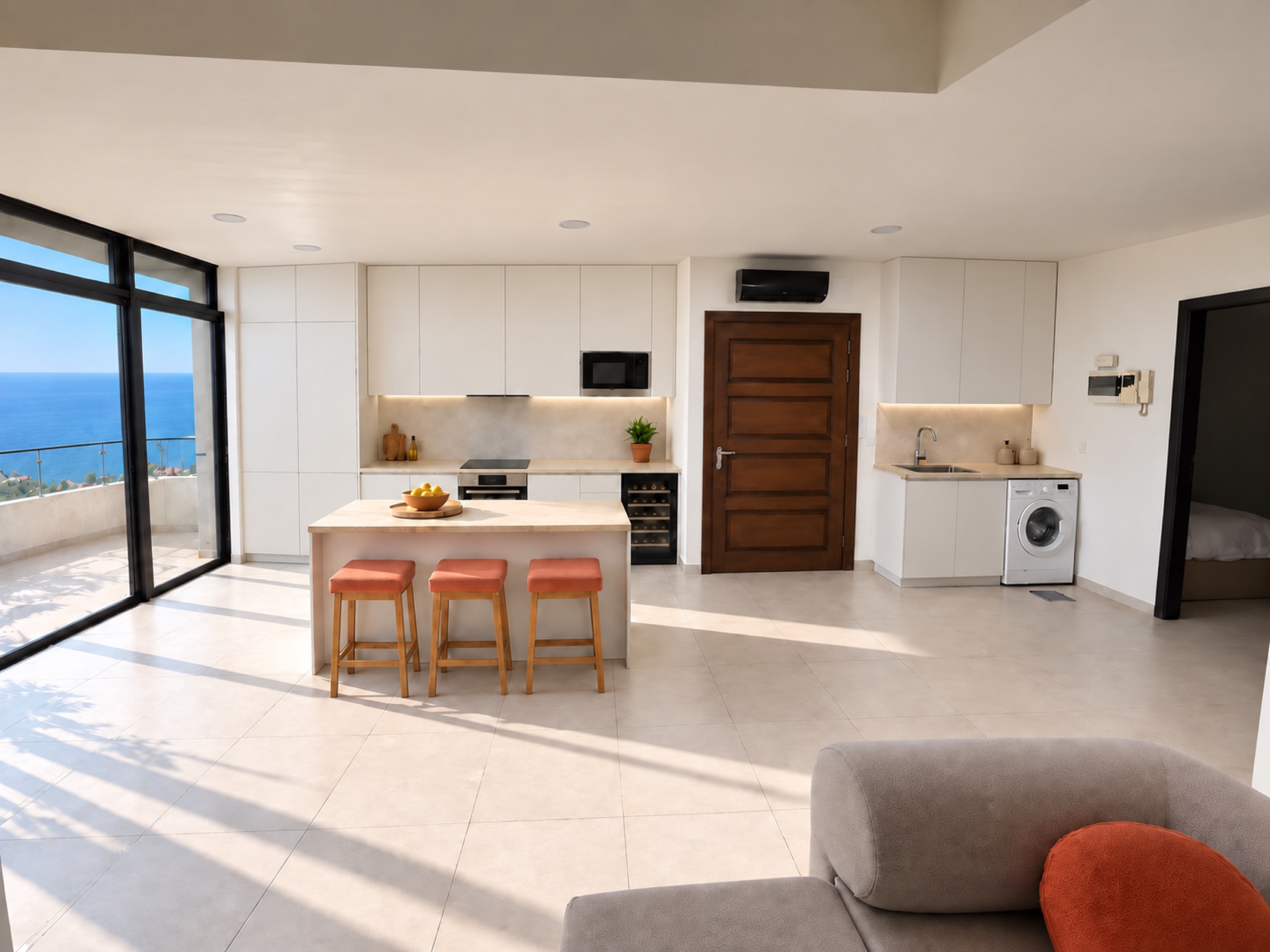 Design representation of the Sunrise kitchenette and living area