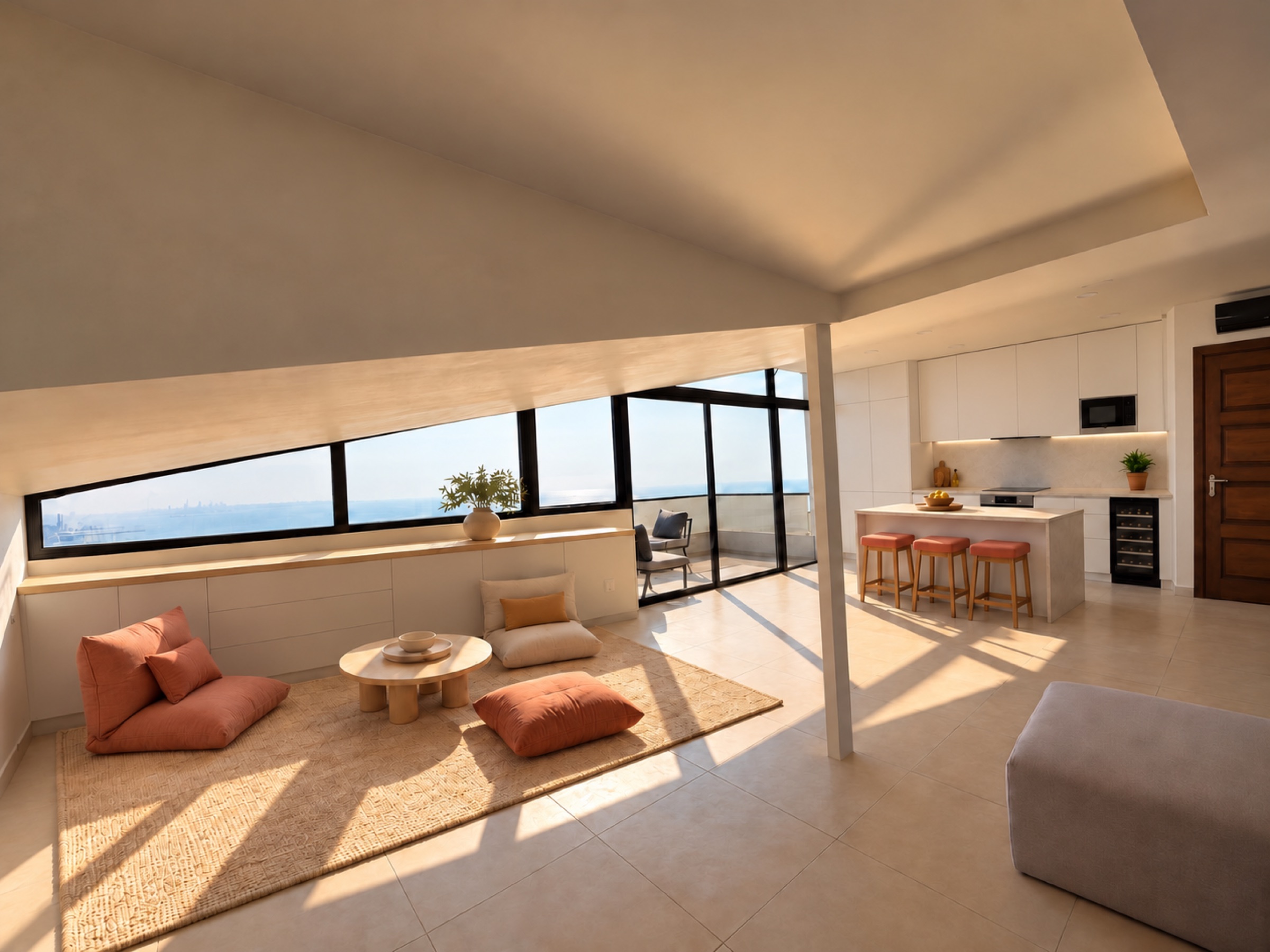 Design representation of the open-plan living area and kitchenette