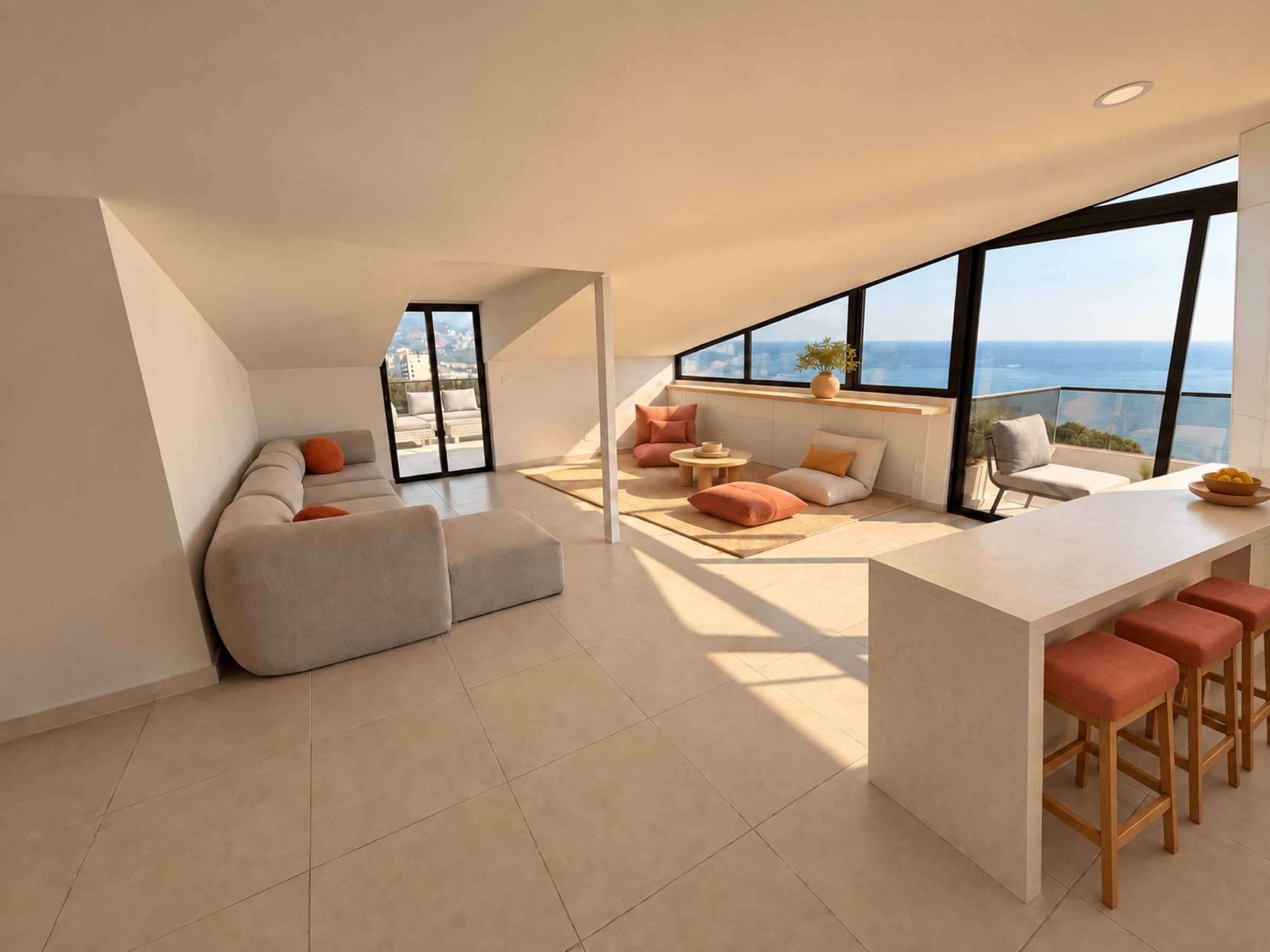 Design representation of the open-plan Sunrise living area with terrace access