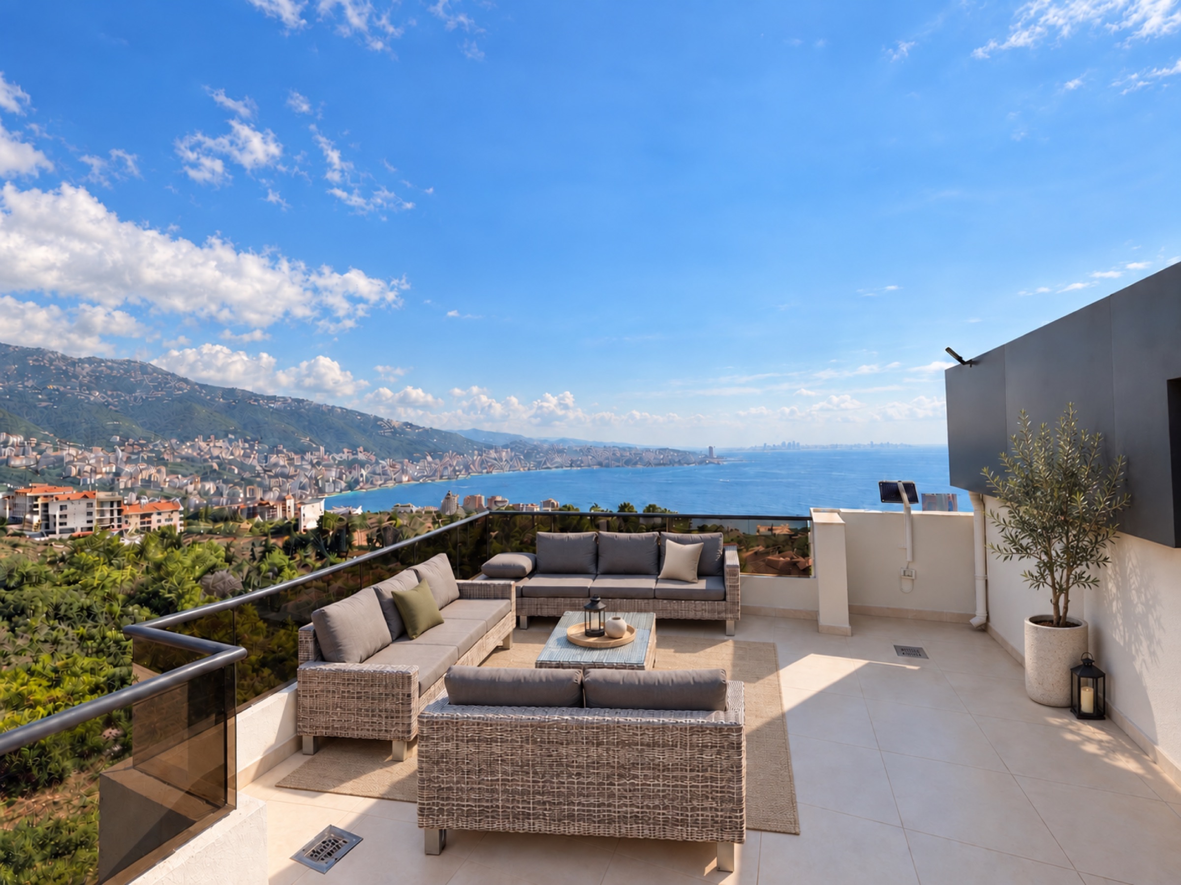Design representation of rooftop lounge seating overlooking Jounieh Bay