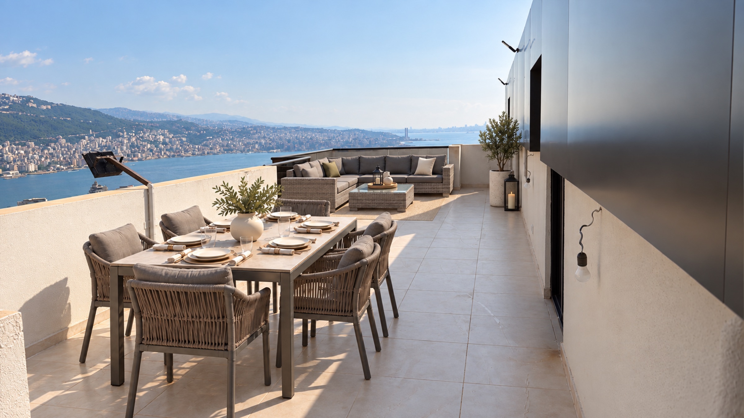 Design representation of outdoor dining and lounge seating on the exclusive rooftop terrace