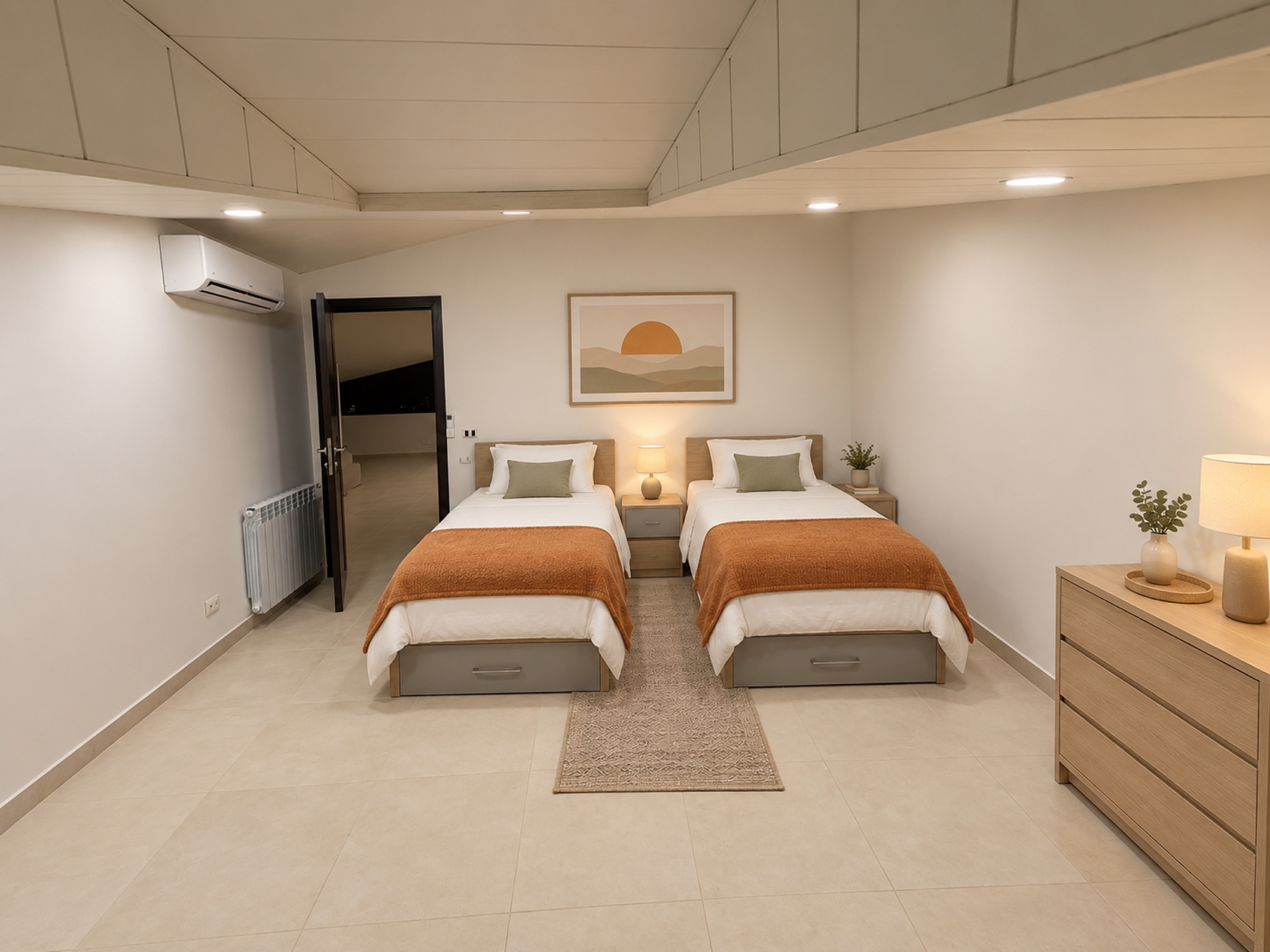 Design representation of the twin bedroom with two single beds
