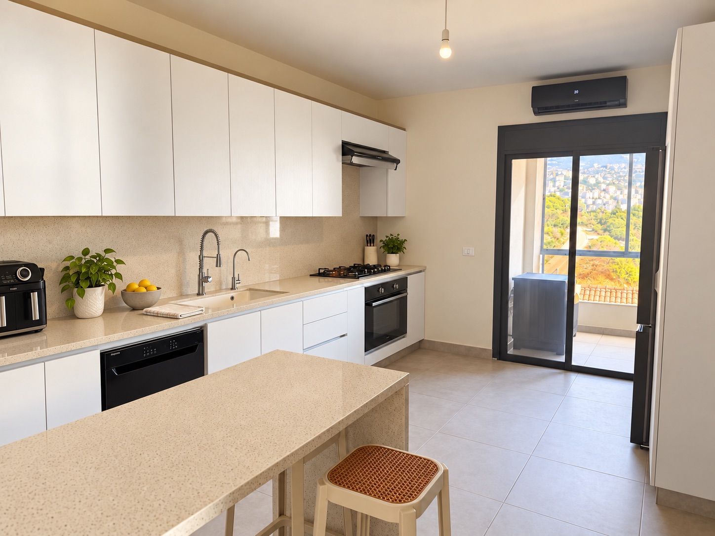 Full kitchen with eat-in counter and balcony