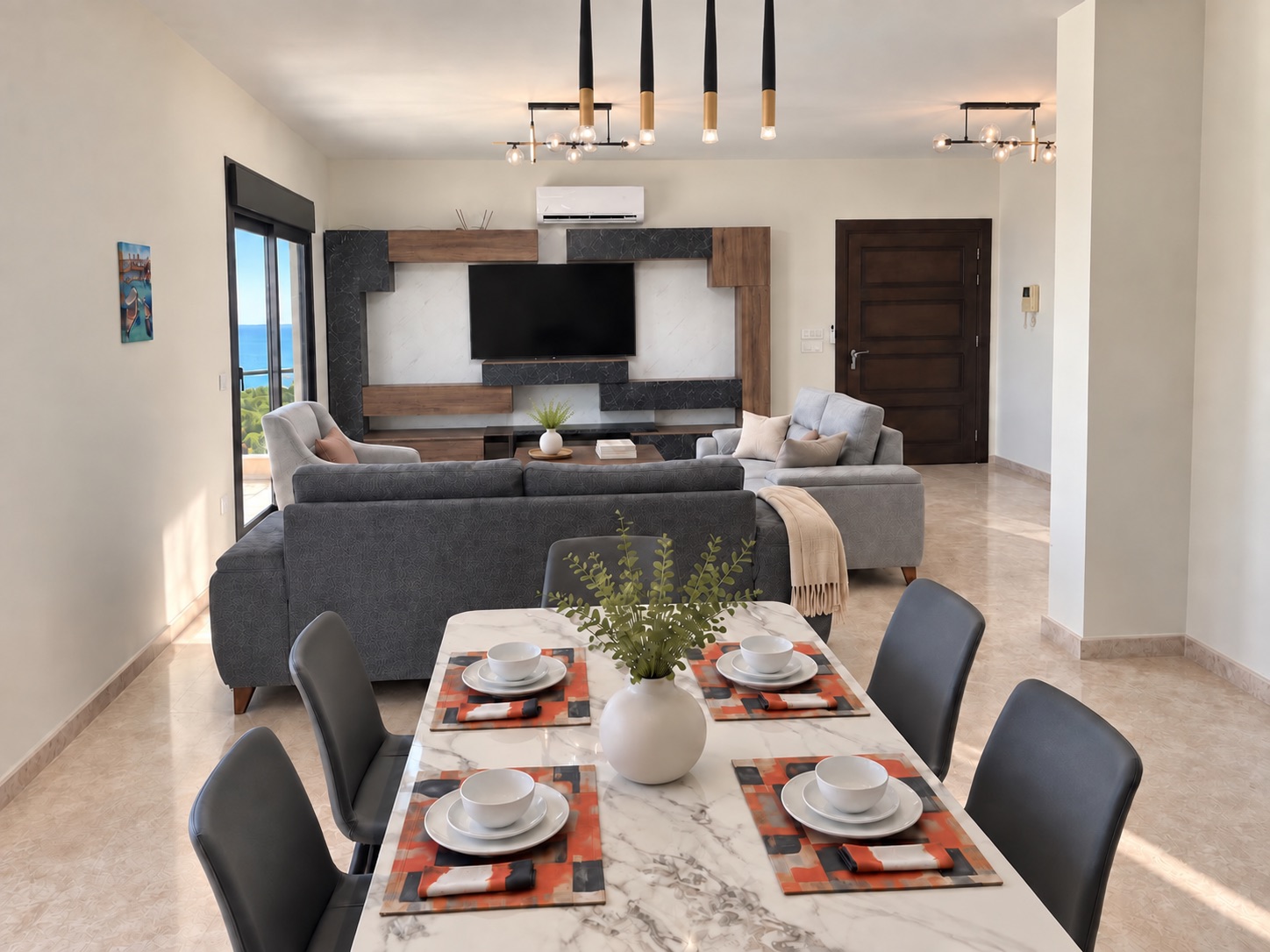 Open-plan living and dining area in Sunset Apartment
